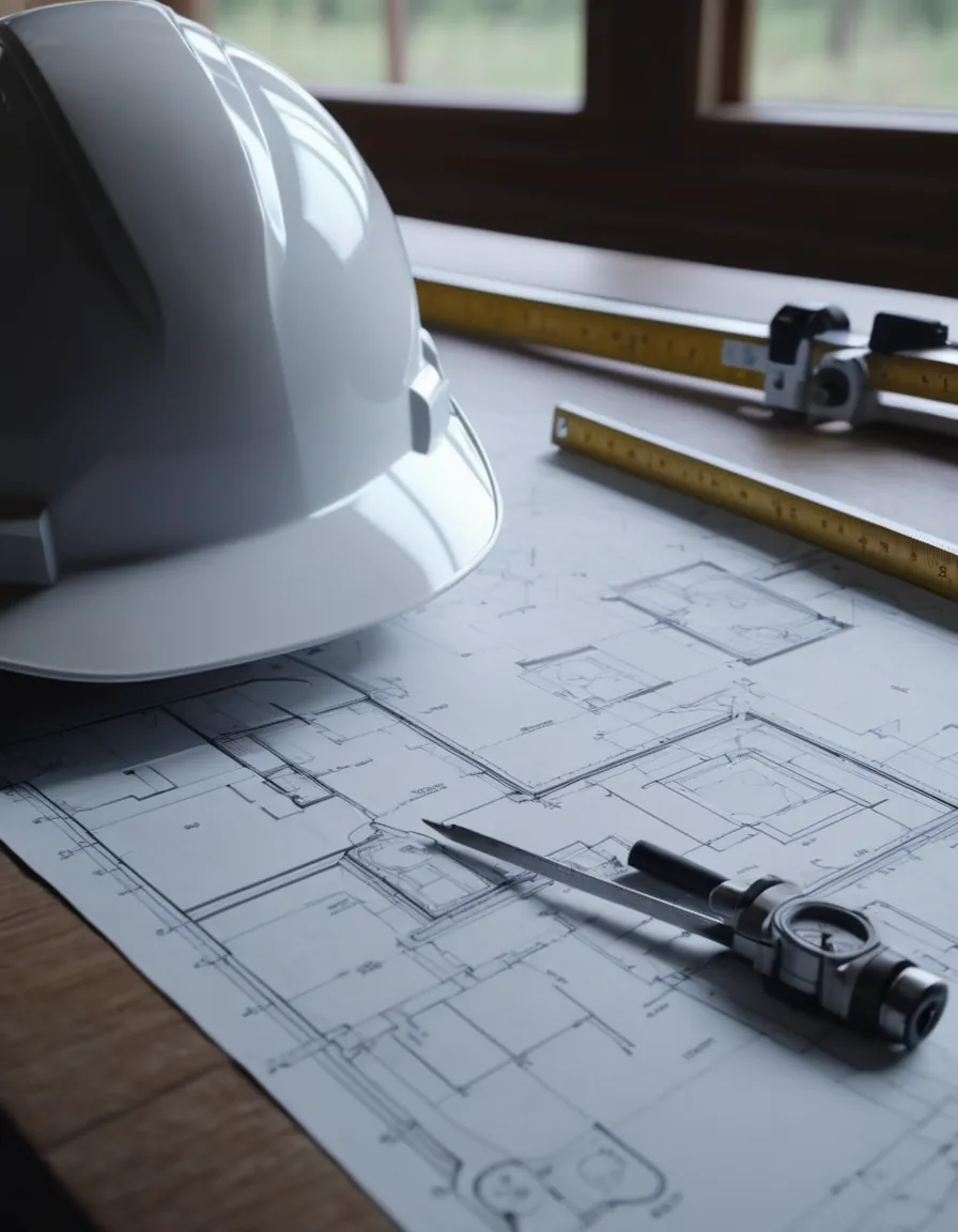 مخططات هندسية وأدوات قياس على مكتب العمل